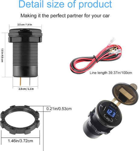 Dual USB Quick Charge 3.0 Port & PD USB C Car Charger Socket, 12V USB Outlet with Voltmeter and Power Switch for Car Boat Marine Truck