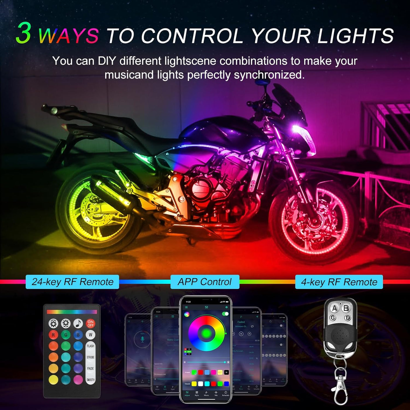 12 Pcs Motorcycle LED Light Kit, APP Control RGB Motorcycle LED Lights 16 Million Color Dual Remote Brake Light Music Mode IP68 Waterproof Motorcycle Lights with Power Switch