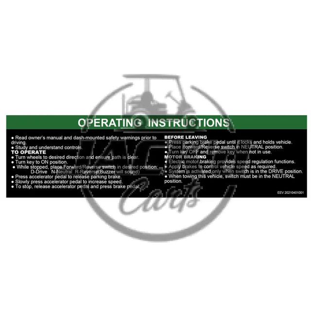 Operation Instruction Decal OEM Parts